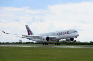 Water cannon salute for Qatar Airways flight in Cardiff