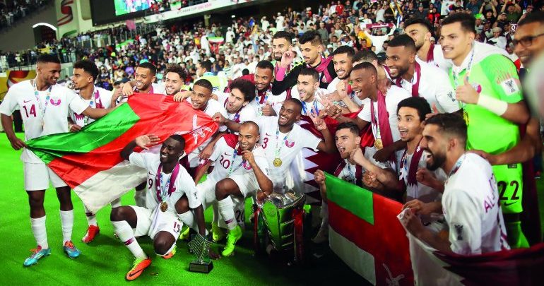 Qatar Team celebrate winning AFC Asian Cup with Omani fans