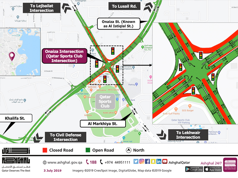 Temporary Closure of some lanes at Onaiza Intersection (Qatar Sports Club Intersection)